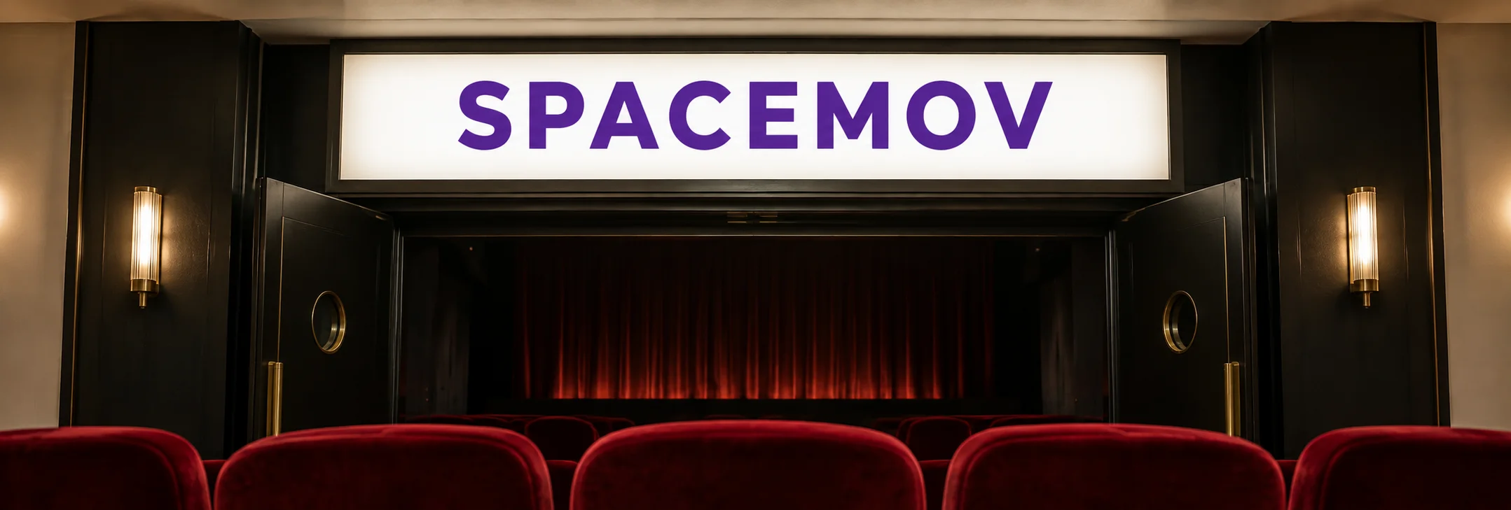 SPACEMOV in purple on an illuminated cinema sign above red auditorium seats